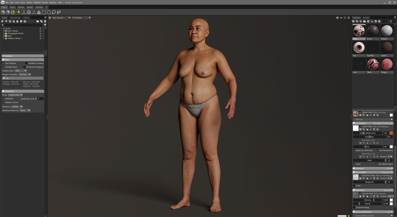 Marmoset Toolbag real-time scene render of a fuller-figured female 3D body scan with PBR lighting and textures applied